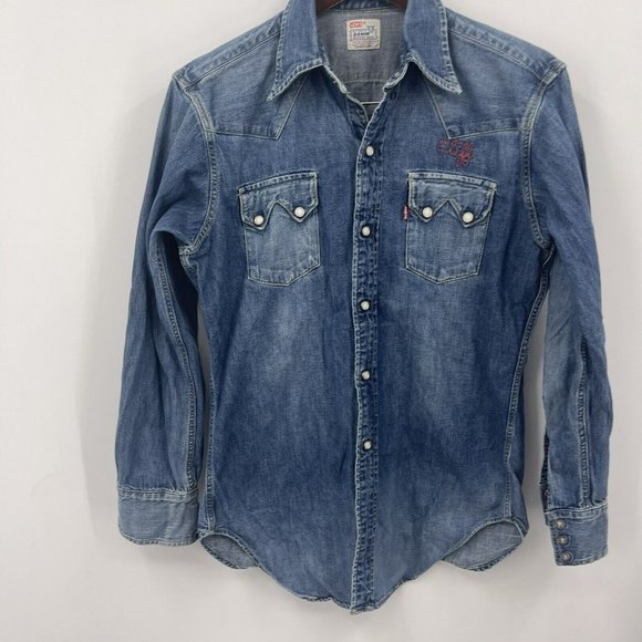VTG Levi's Big E Sawtooth Short Horn Pearl Snap Button Denim Shirt Sanforized - Picture 2 of 16